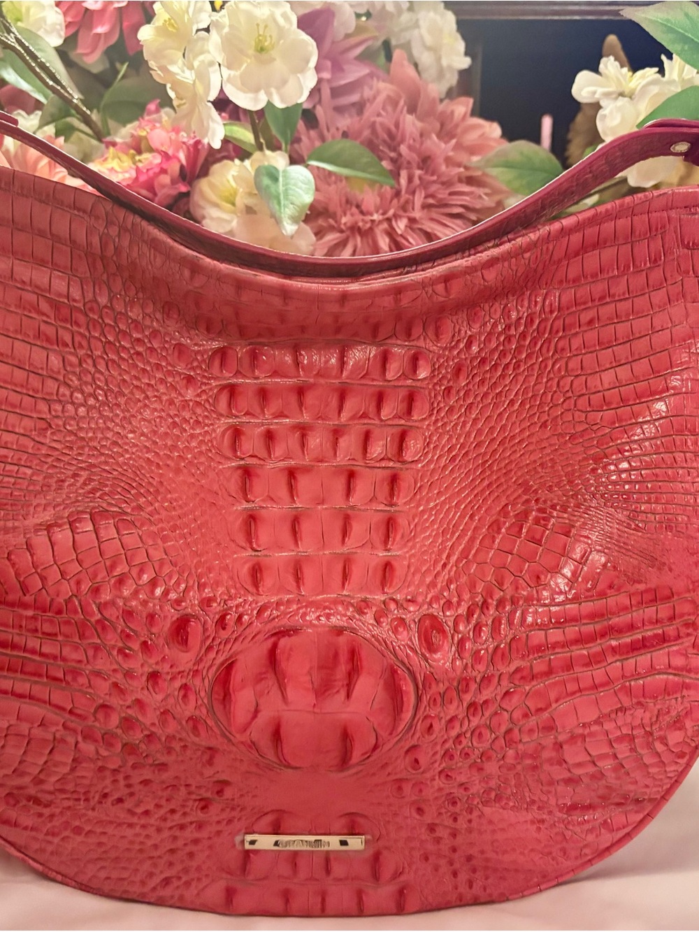 Brahmin Pink Kathleen Croc-Embossed Shoulder Hobo Bag